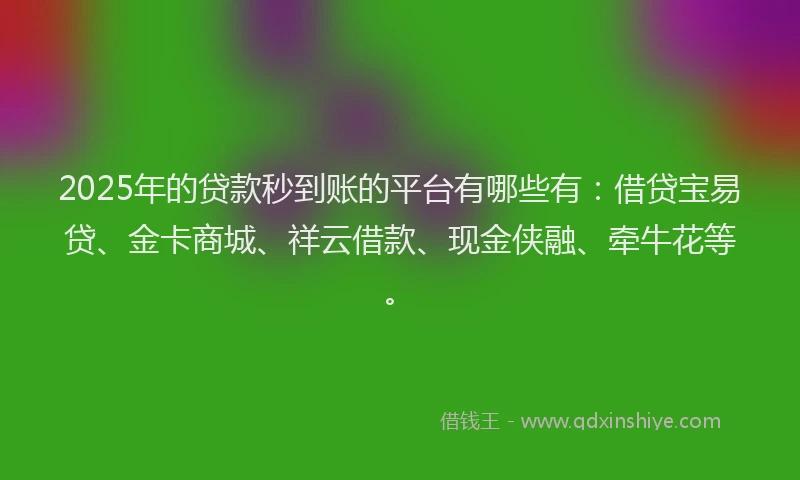 2025年的贷款秒到账的平台有哪些有：借贷宝易贷、金卡商城、祥云借款、现金侠融、牵牛花等。