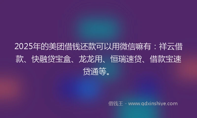 2025年的美团借钱还款可以用微信嘛有：祥云借款、快融贷宝盒、龙龙用、恒瑞速贷、借款宝速贷通等。