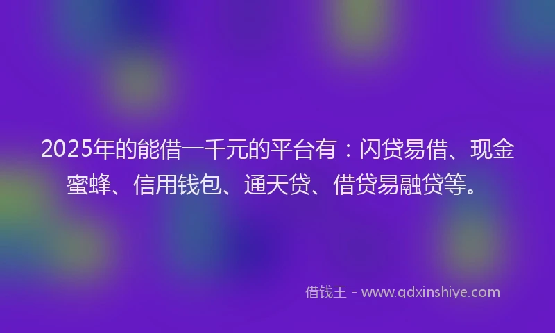 2025年的能借一千元的平台有：闪贷易借、现金蜜蜂、信用钱包、通天贷、借贷易融贷等。