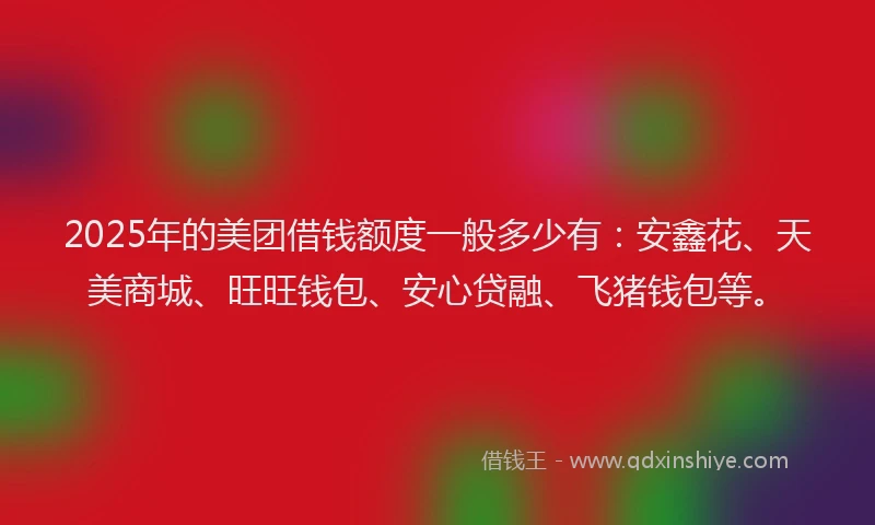 2025年的美团借钱额度一般多少有：安鑫花、天美商城、旺旺钱包、安心贷融、飞猪钱包等。