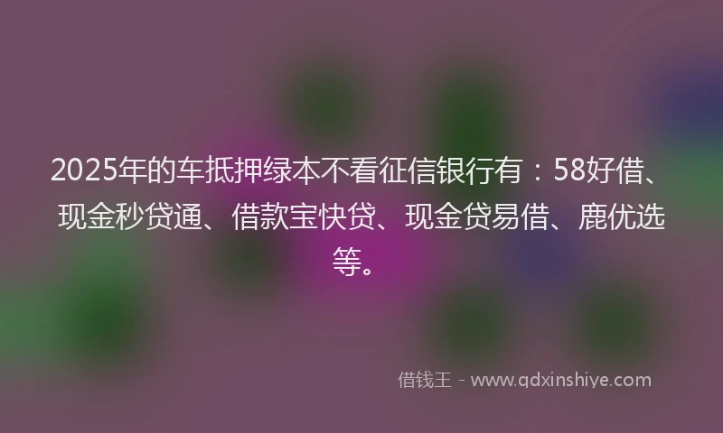 2025年的车抵押绿本不看征信银行有：58好借、现金秒贷通、借款宝快贷、现金贷易借、鹿优选等。