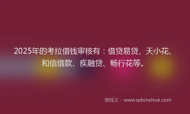 2025年的考拉借钱审核有：借贷易贷、天小花、和信借款、疾融贷、畅行花等。