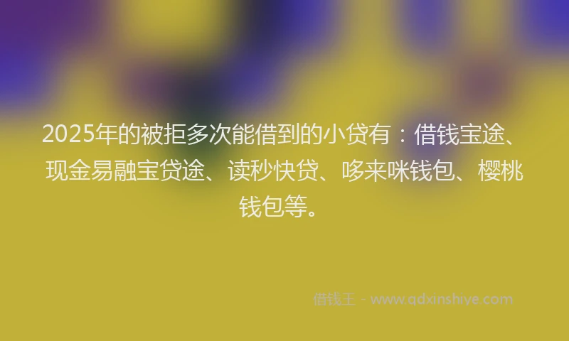 2025年的被拒多次能借到的小贷有：借钱宝途、现金易融宝贷途、读秒快贷、哆来咪钱包、樱桃钱包等。
