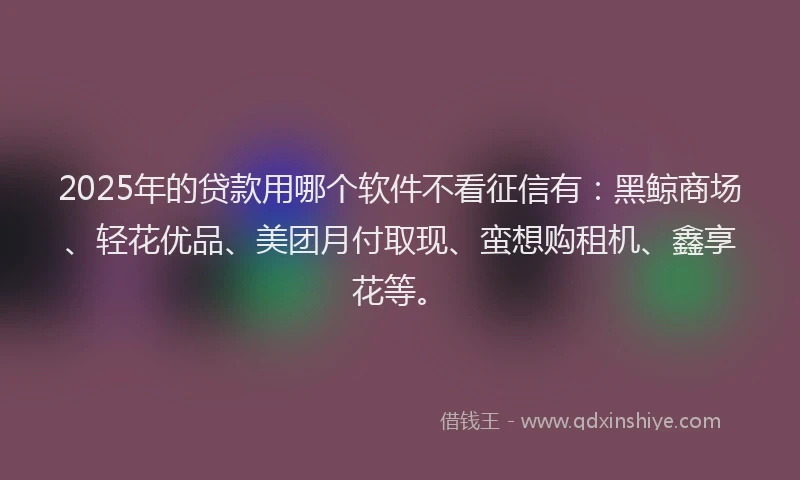 2025年的贷款用哪个软件不看征信有：黑鲸商场、轻花优品、美团月付取现、蛮想购租机、鑫享花等。