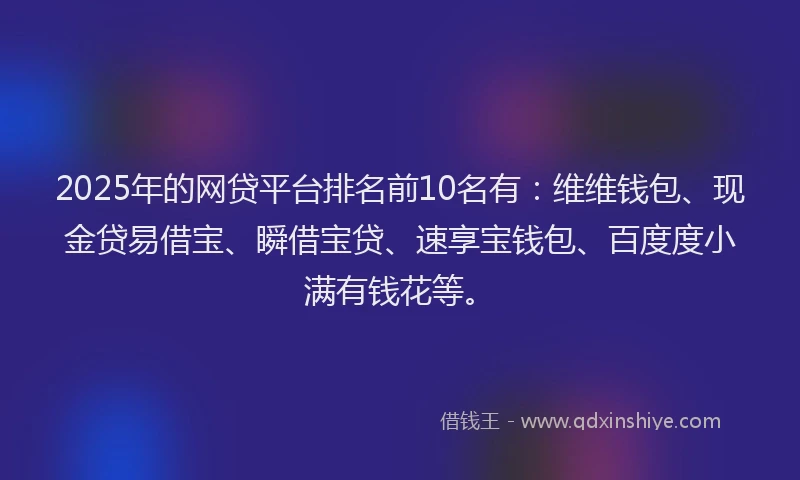 2025年的网贷平台排名前10名有：维维钱包、现金贷易借宝、瞬借宝贷、速享宝钱包、百度度小满有钱花等。