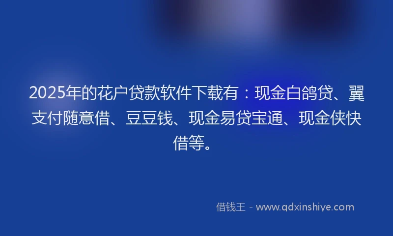 2025年的花户贷款软件下载有：现金白鸽贷、翼支付随意借、豆豆钱、现金易贷宝通、现金侠快借等。
