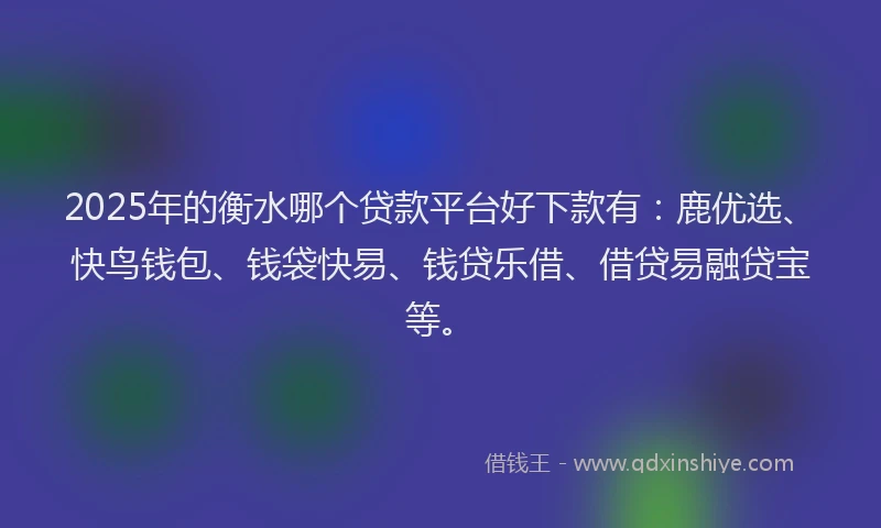 2025年的衡水哪个贷款平台好下款有：鹿优选、快鸟钱包、钱袋快易、钱贷乐借、借贷易融贷宝等。