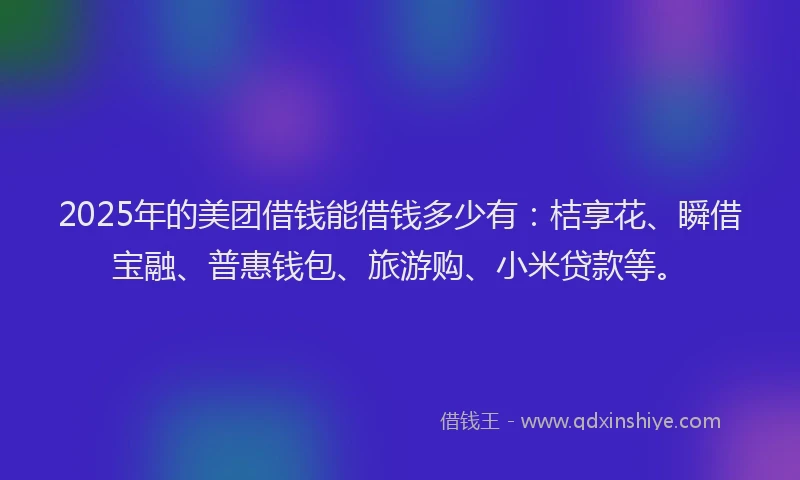 2025年的美团借钱能借钱多少有：桔享花、瞬借宝融、普惠钱包、旅游购、小米贷款等。