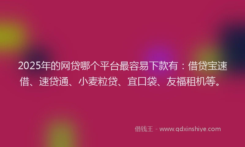 2025年的网贷哪个平台最容易下款有：借贷宝速借、速贷通、小麦粒贷、宜口袋、友福租机等。