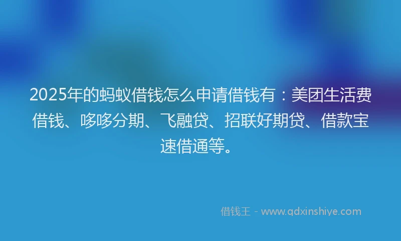 2025年的蚂蚁借钱怎么申请借钱有：美团生活费借钱、哆哆分期、飞融贷、招联好期贷、借款宝速借通等。