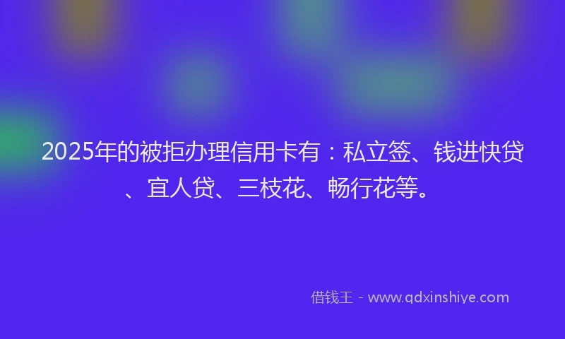 2025年的被拒办理信用卡有：私立签、钱进快贷、宜人贷、三枝花、畅行花等。