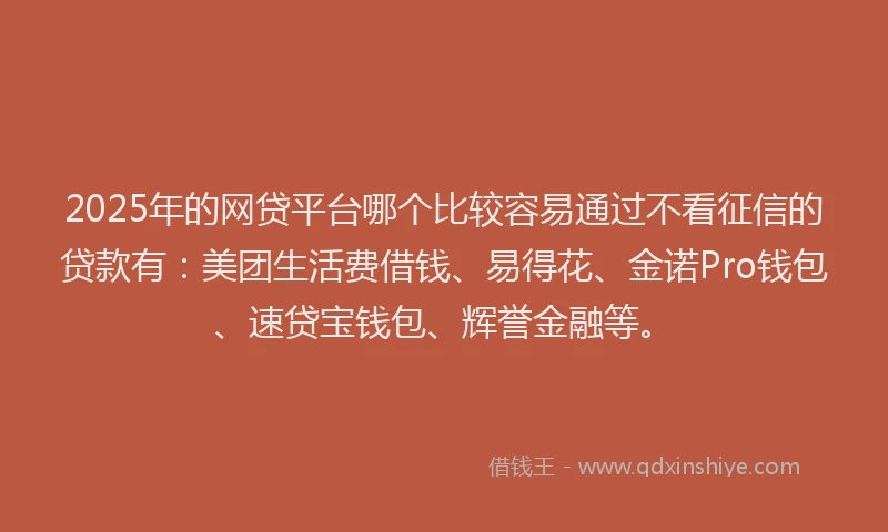 2025年的网贷平台哪个比较容易通过不看征信的贷款有：美团生活费借钱、易得花、金诺Pro钱包、速贷宝钱包、辉誉金融等。