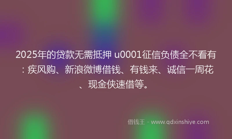 2025年的贷款无需抵押 u0001征信负债全不看有：疾风购、新浪微博借钱、有钱来、诚信一周花、现金侠速借等。