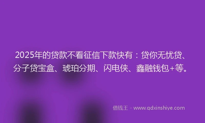 2025年的贷款不看征信下款快有：贷你无忧贷、分子贷宝盒、琥珀分期、闪电侠、鑫融钱包+等。