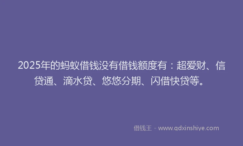 2025年的蚂蚁借钱没有借钱额度有：超爱财、信贷通、滴水贷、悠悠分期、闪借快贷等。