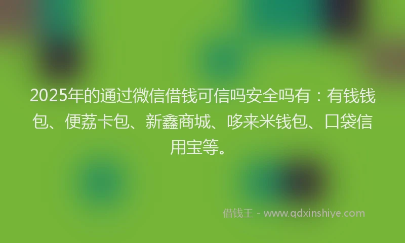 2025年的通过微信借钱可信吗安全吗有：有钱钱包、便荔卡包、新鑫商城、哆来米钱包、口袋信用宝等。