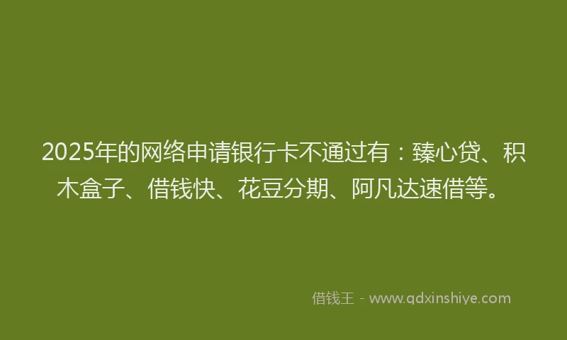 2025年的网络申请银行卡不通过有：臻心贷、积木盒子、借钱快、花豆分期、阿凡达速借等。