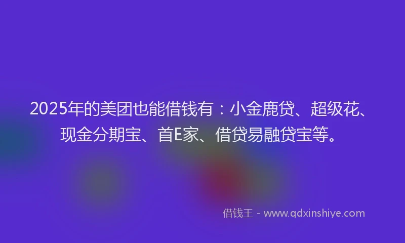 2025年的美团也能借钱有：小金鹿贷、超级花、现金分期宝、首E家、借贷易融贷宝等。