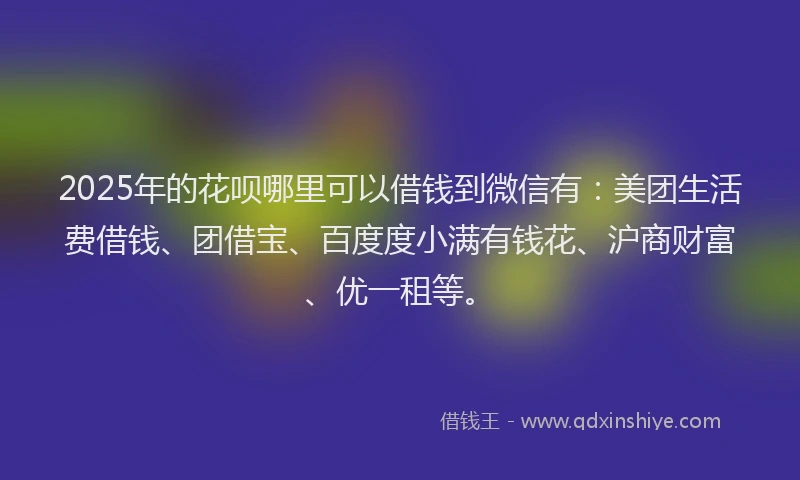 2025年的花呗哪里可以借钱到微信有：美团生活费借钱、团借宝、百度度小满有钱花、沪商财富、优一租等。