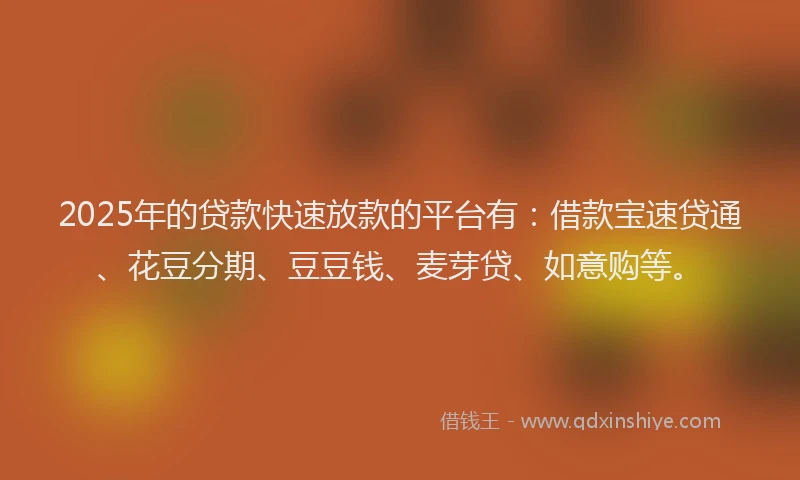 2025年的贷款快速放款的平台有：借款宝速贷通、花豆分期、豆豆钱、麦芽贷、如意购等。