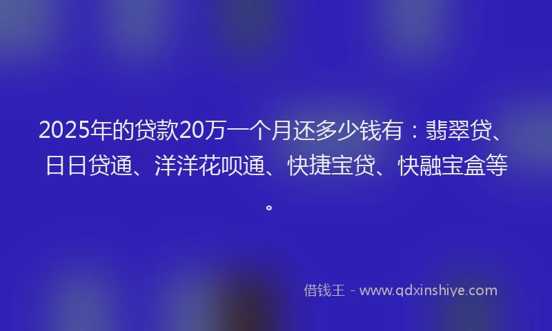 2025年的贷款20万一个月还多少钱有：翡翠贷、日日贷通、洋洋花呗通、快捷宝贷、快融宝盒等。