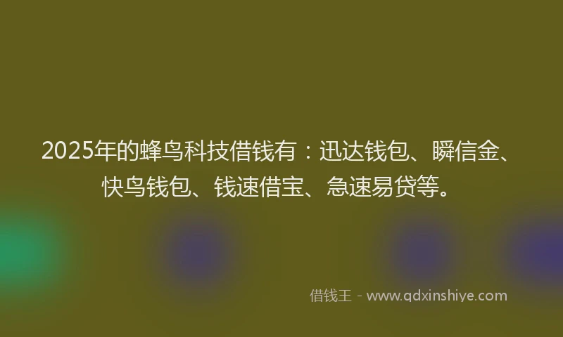 2025年的蜂鸟科技借钱有：迅达钱包、瞬信金、快鸟钱包、钱速借宝、急速易贷等。