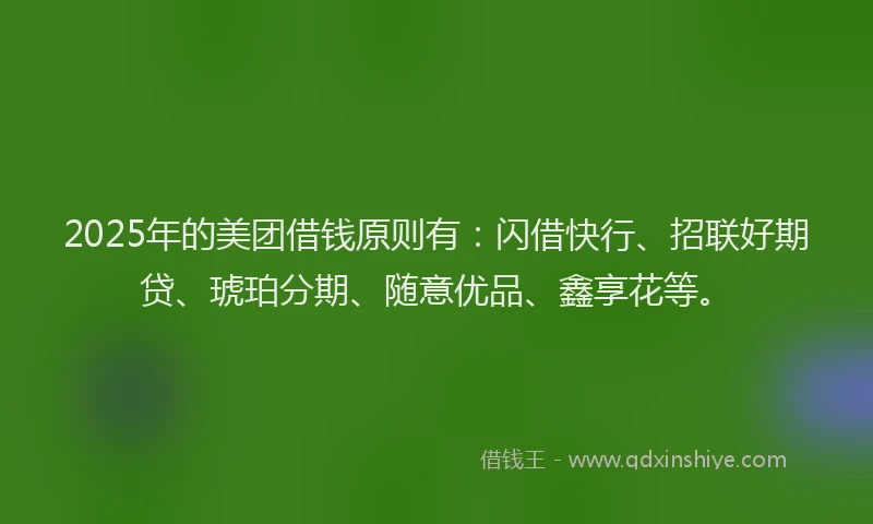 2025年的美团借钱原则有：闪借快行、招联好期贷、琥珀分期、随意优品、鑫享花等。