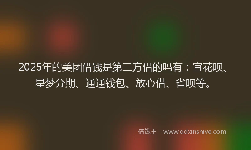 2025年的美团借钱是第三方借的吗有：宜花呗、星梦分期、通通钱包、放心借、省呗等。