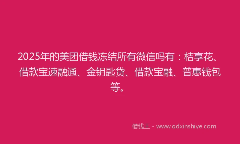 2025年的美团借钱冻结所有微信吗有：桔享花、借款宝速融通、金钥匙贷、借款宝融、普惠钱包等。