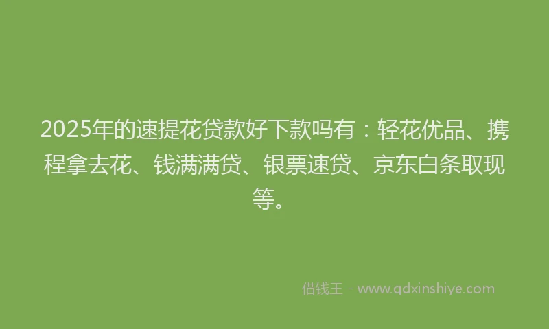 2025年的速提花贷款好下款吗有：轻花优品、携程拿去花、钱满满贷、银票速贷、京东白条取现等。