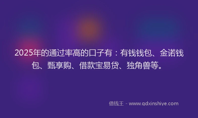 2025年的通过率高的口子有：有钱钱包、金诺钱包、甄享购、借款宝易贷、独角兽等。
