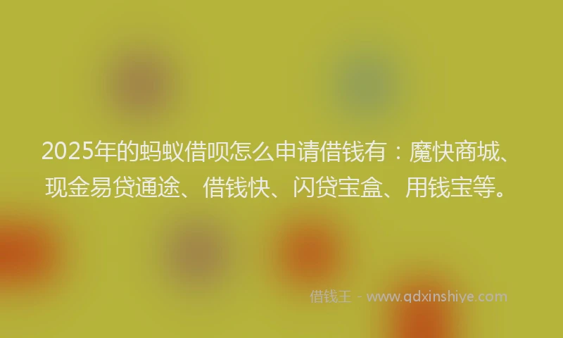 2025年的蚂蚁借呗怎么申请借钱有：魔快商城、现金易贷通途、借钱快、闪贷宝盒、用钱宝等。