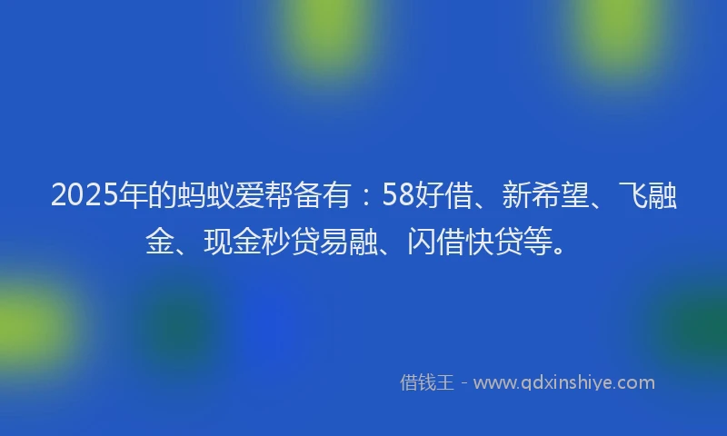2025年的蚂蚁爱帮备有：58好借、新希望、飞融金、现金秒贷易融、闪借快贷等。