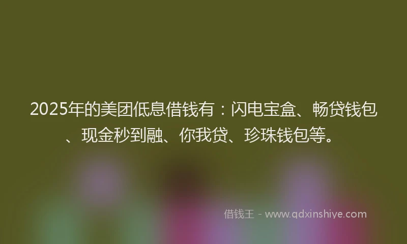 2025年的美团低息借钱有：闪电宝盒、畅贷钱包、现金秒到融、你我贷、珍珠钱包等。