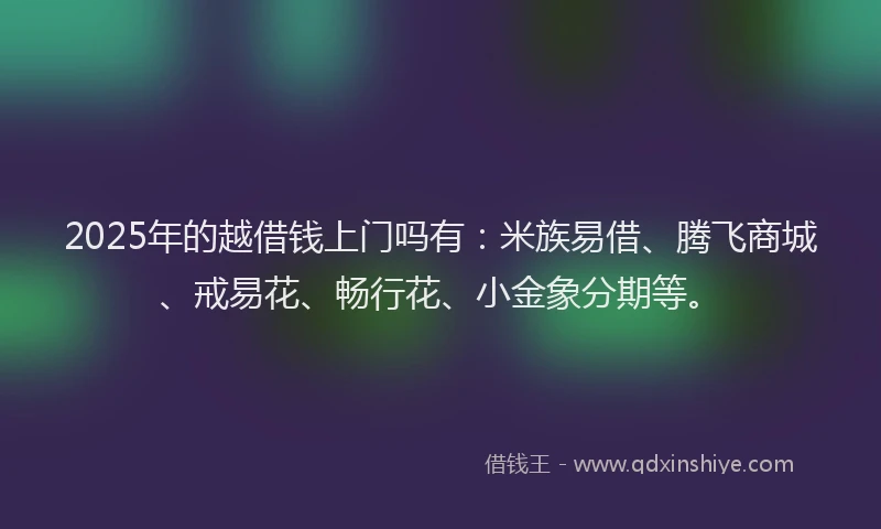 2025年的越借钱上门吗有：米族易借、腾飞商城、戒易花、畅行花、小金象分期等。
