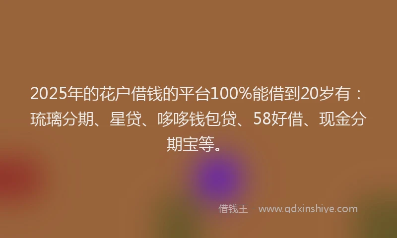 2025年的花户借钱的平台100%能借到20岁有：琉璃分期、星贷、哆哆钱包贷、58好借、现金分期宝等。