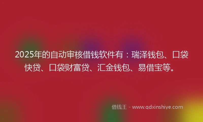 2025年的自动审核借钱软件有：瑞泽钱包、口袋快贷、口袋财富贷、汇金钱包、易借宝等。