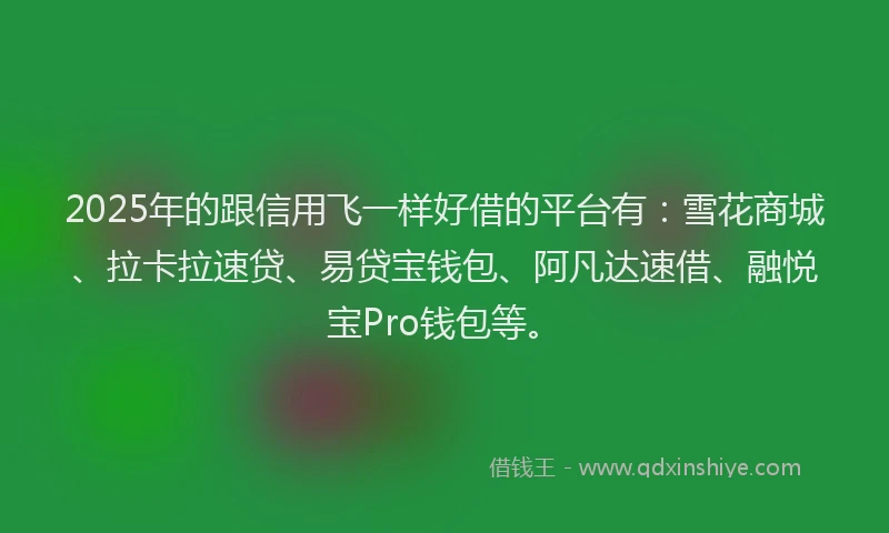 2025年的跟信用飞一样好借的平台有：雪花商城、拉卡拉速贷、易贷宝钱包、阿凡达速借、融悦宝Pro钱包等。