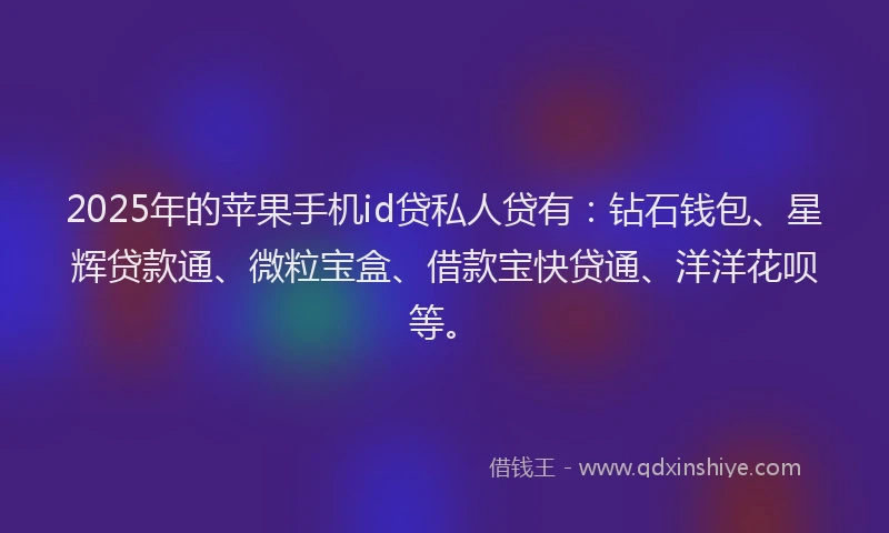 2025年的苹果手机id贷私人贷有：钻石钱包、星辉贷款通、微粒宝盒、借款宝快贷通、洋洋花呗等。