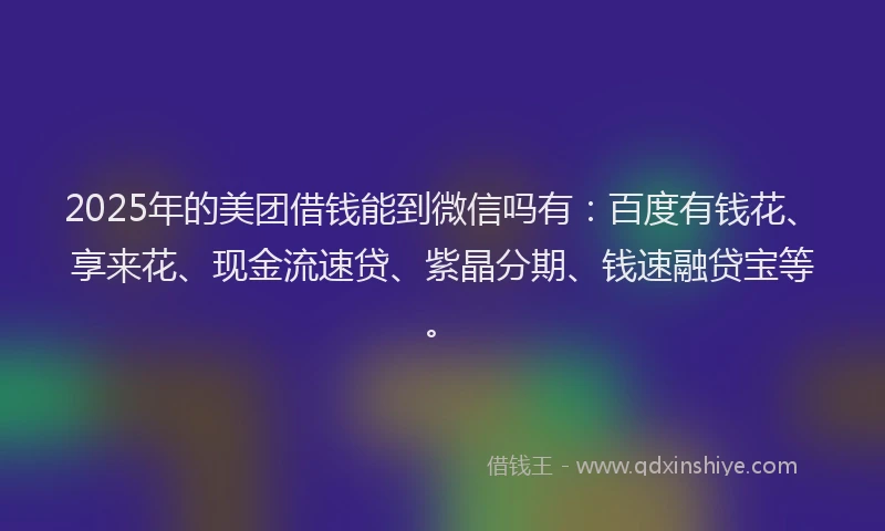 2025年的美团借钱能到微信吗有：百度有钱花、享来花、现金流速贷、紫晶分期、钱速融贷宝等。