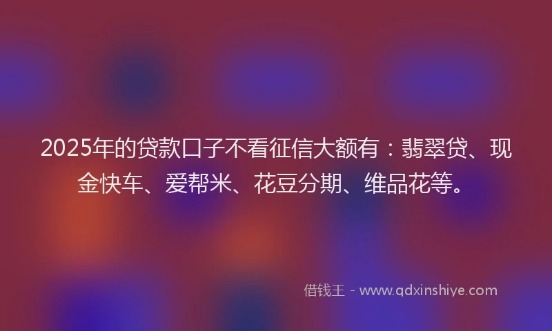 2025年的贷款口子不看征信大额有：翡翠贷、现金快车、爱帮米、花豆分期、维品花等。