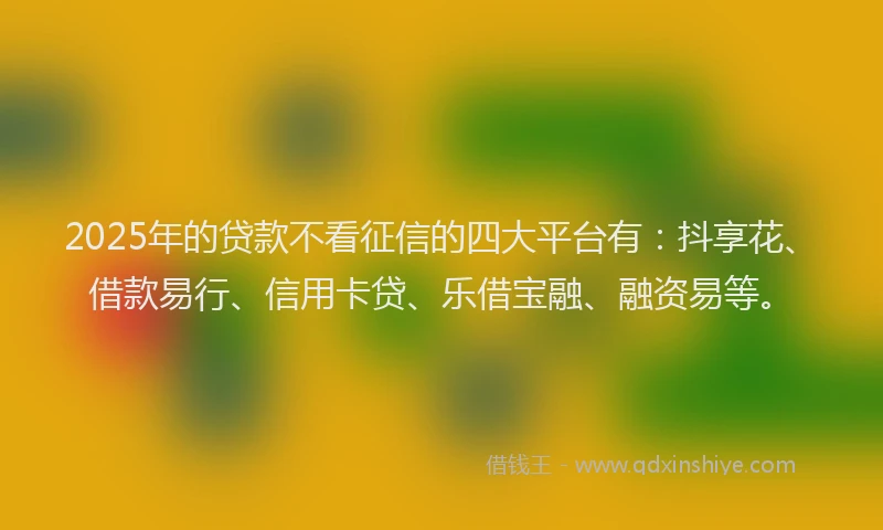 2025年的贷款不看征信的四大平台有：抖享花、借款易行、信用卡贷、乐借宝融、融资易等。