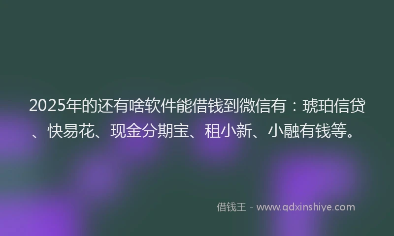2025年的还有啥软件能借钱到微信有：琥珀信贷、快易花、现金分期宝、租小新、小融有钱等。