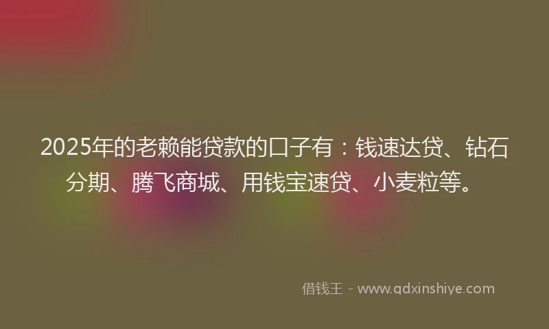 2025年的老赖能贷款的口子有：钱速达贷、钻石分期、腾飞商城、用钱宝速贷、小麦粒等。