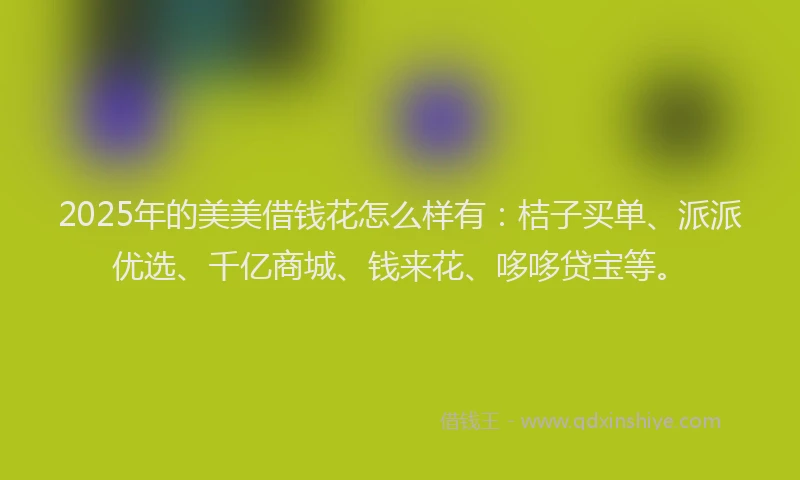 2025年的美美借钱花怎么样有：桔子买单、派派优选、千亿商城、钱来花、哆哆贷宝等。