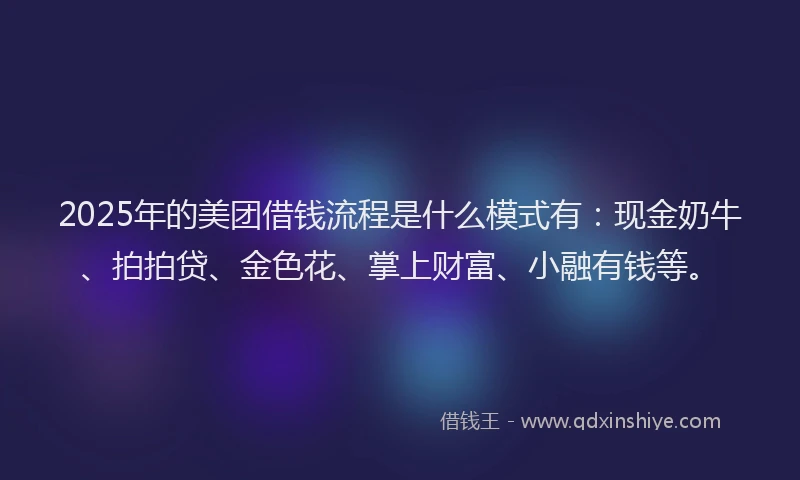 2025年的美团借钱流程是什么模式有：现金奶牛、拍拍贷、金色花、掌上财富、小融有钱等。
