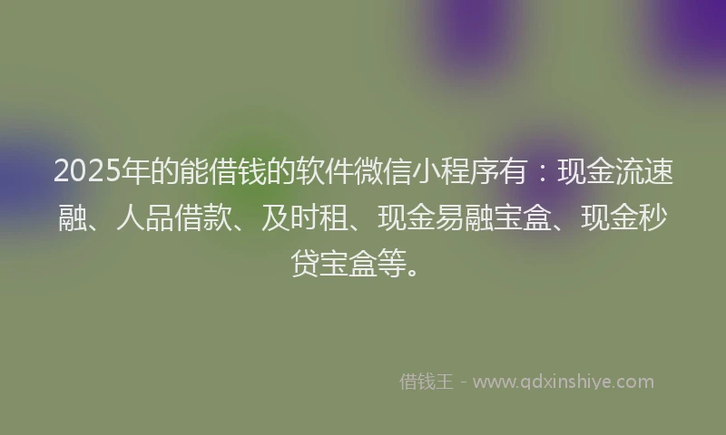 2025年的能借钱的软件微信小程序有：现金流速融、人品借款、及时租、现金易融宝盒、现金秒贷宝盒等。
