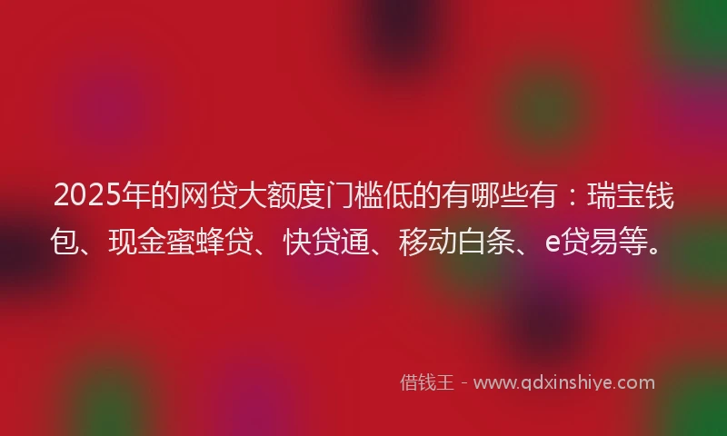 2025年的网贷大额度门槛低的有哪些有：瑞宝钱包、现金蜜蜂贷、快贷通、移动白条、e贷易等。