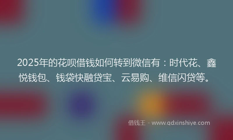2025年的花呗借钱如何转到微信有：时代花、鑫悦钱包、钱袋快融贷宝、云易购、维信闪贷等。