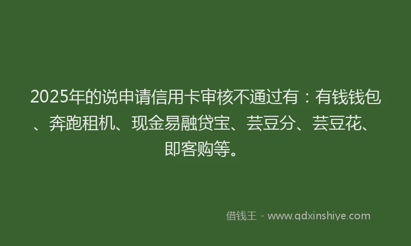 2025年的说申请信用卡审核不通过有：有钱钱包、奔跑租机、现金易融贷宝、芸豆分、芸豆花、即客购等。